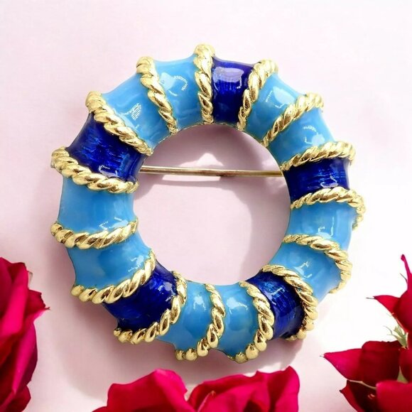 Rare! Vintage Tiffany & Co 18k Yellow Gold Blue Enamel Circle Rope Brooch Pin - Picture 2 of 13